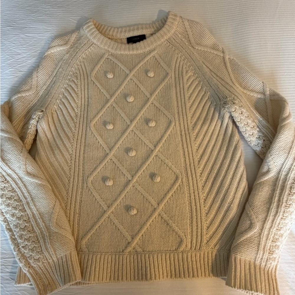 J. Crew Pom Pom Cable Knit Wool Sweater vintage-inspired chunky diamond beige SM